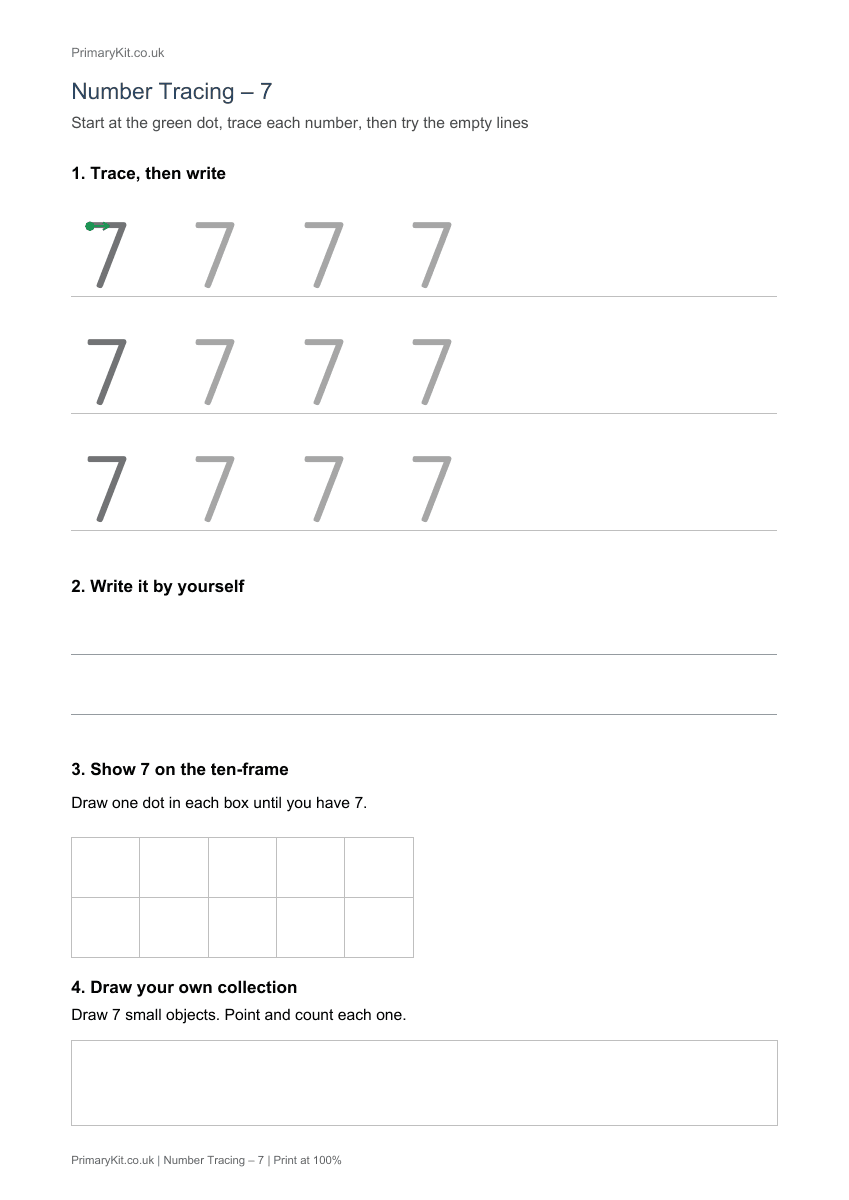 Actual PDF preview, page 1 of Number Tracing – 7