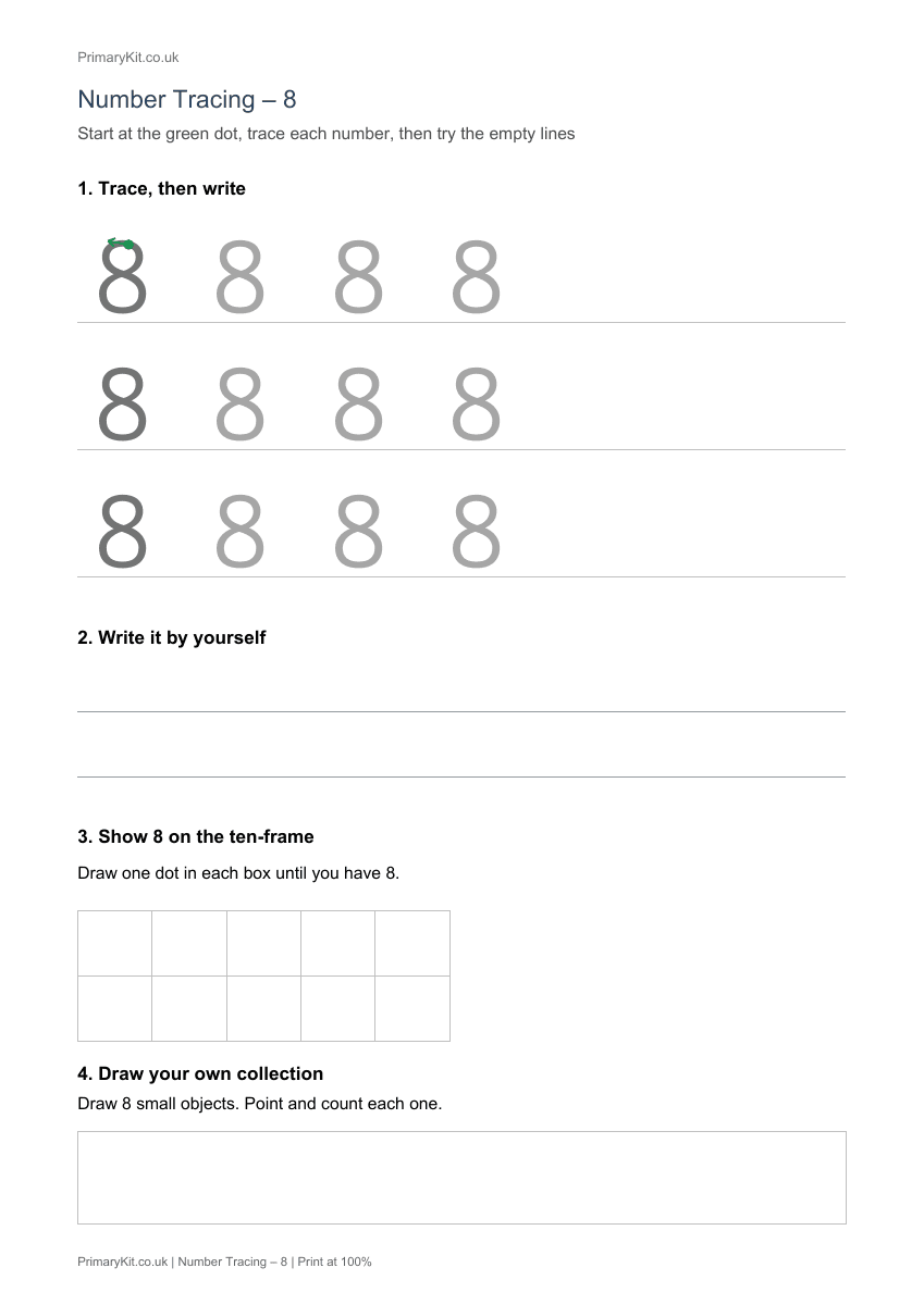 Actual PDF preview, page 1 of Number Tracing – 8