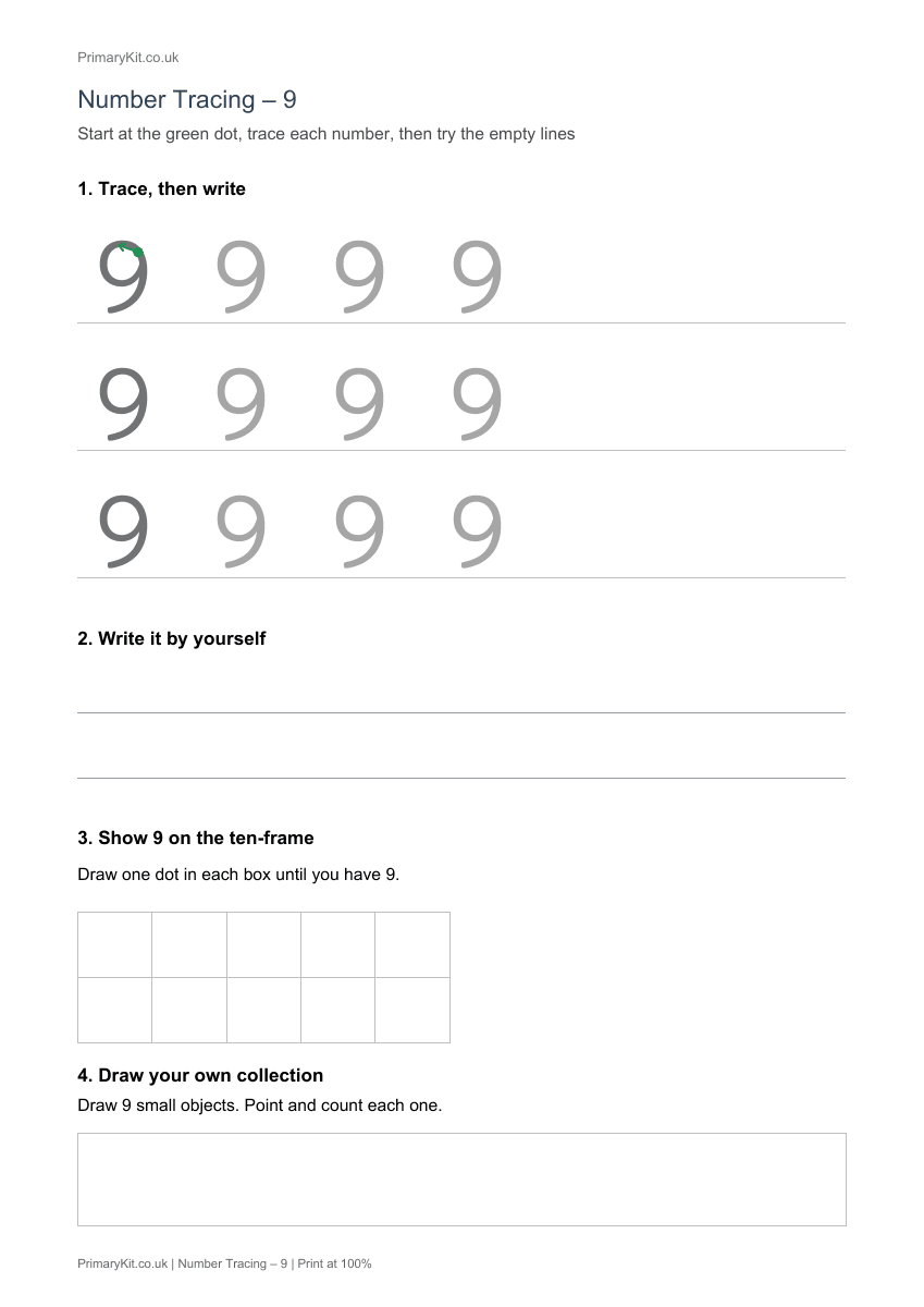 Actual PDF preview, page 1 of Number Tracing – 9