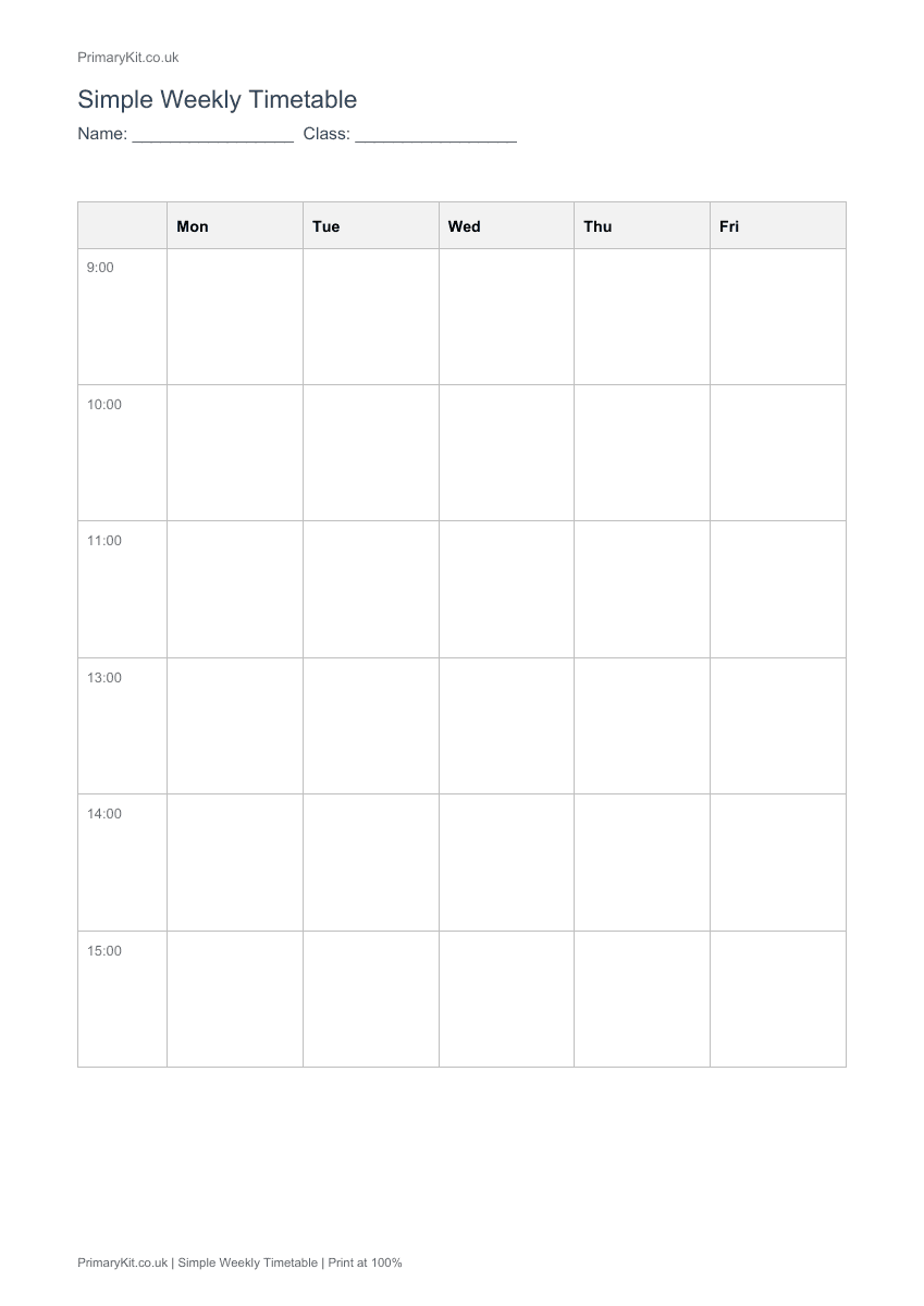 Actual PDF preview, page 1 of Simple Weekly Timetable