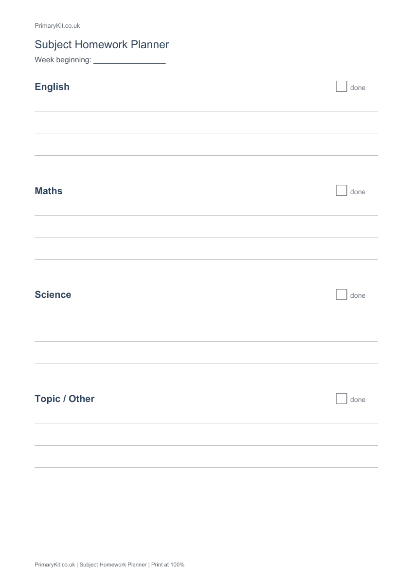 Actual PDF preview, page 1 of Subject Homework Planner
