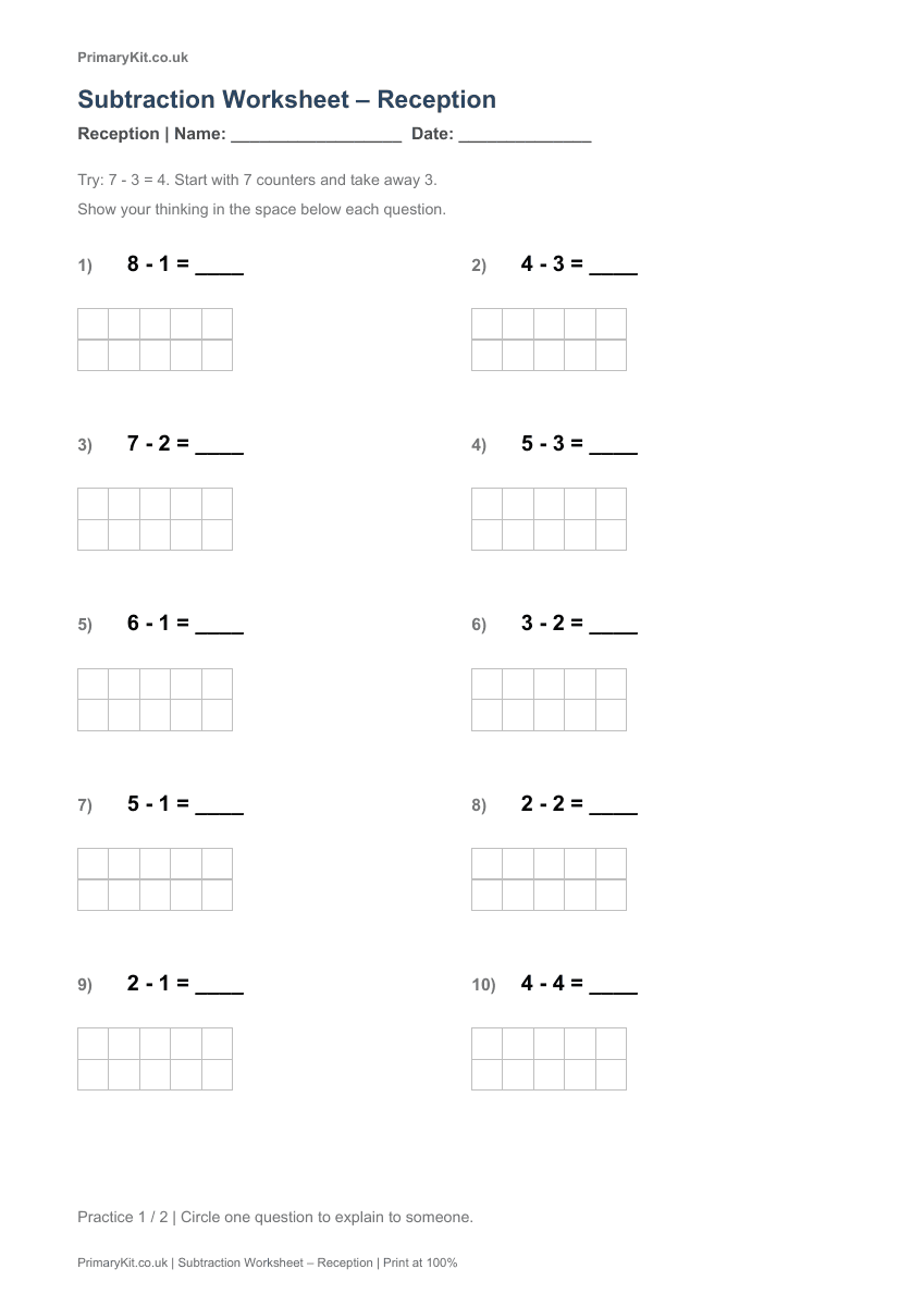 Detail from the first page of Subtraction Worksheet – Reception