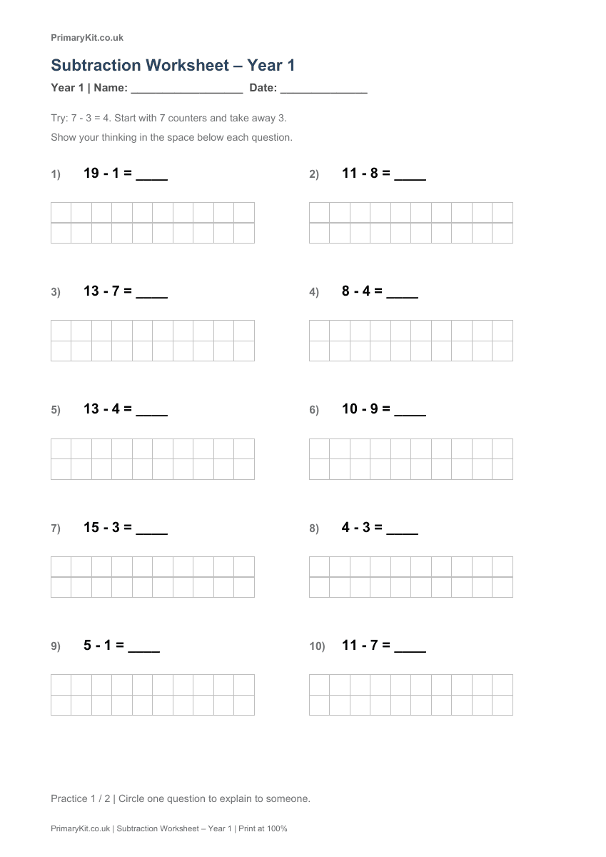 Actual PDF preview, page 1 of Subtraction Worksheet – Year 1