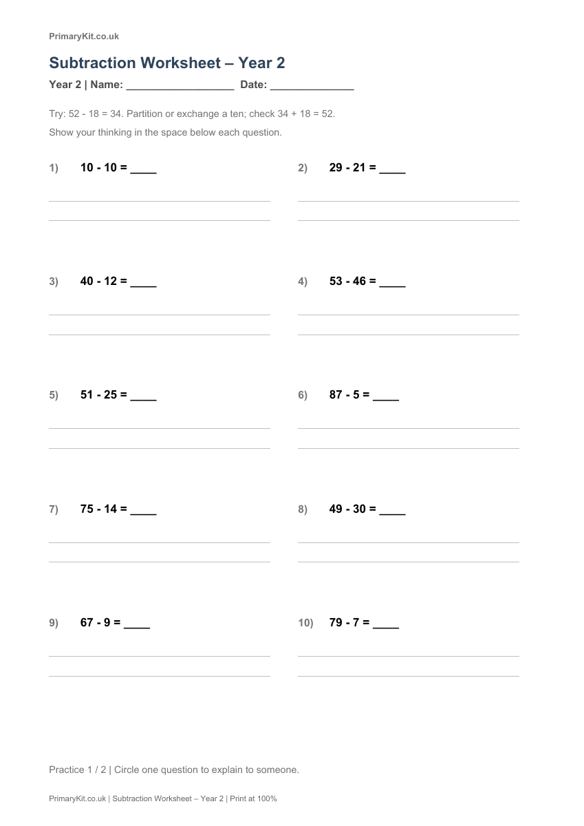 Detail from the first page of Subtraction Worksheet – Year 2