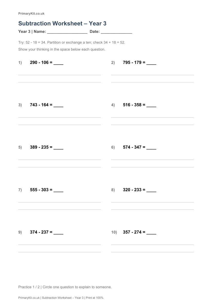 Detail from the first page of Subtraction Worksheet – Year 3