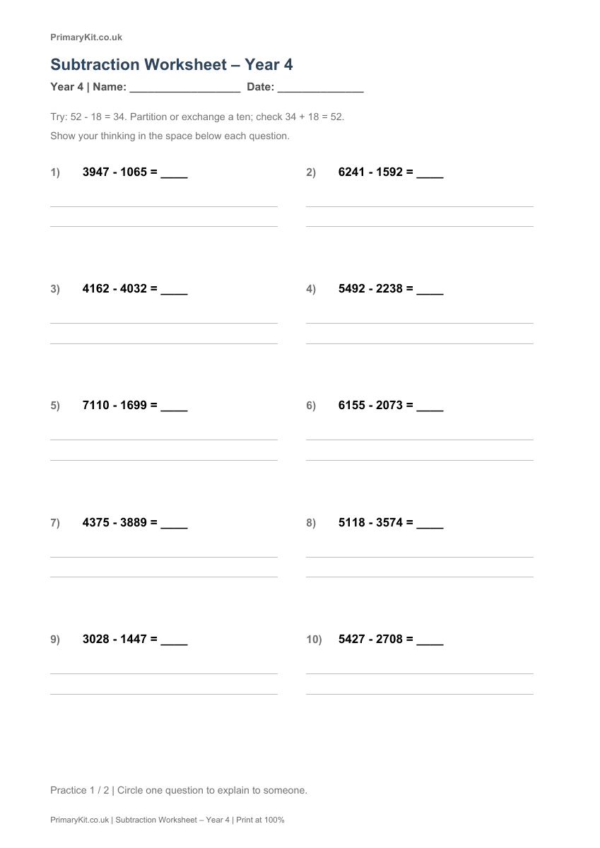 Detail from the first page of Subtraction Worksheet – Year 4