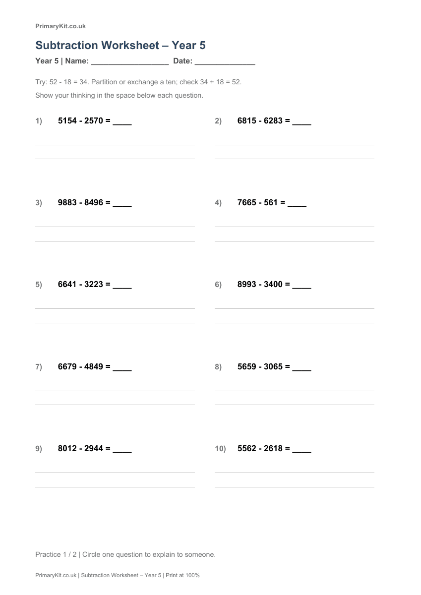 Actual PDF preview, page 1 of Subtraction Worksheet – Year 5