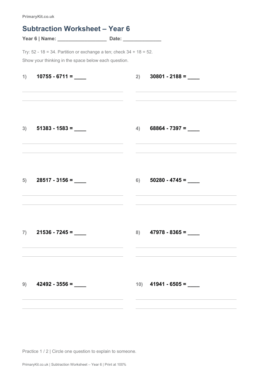 Detail from the first page of Subtraction Worksheet – Year 6