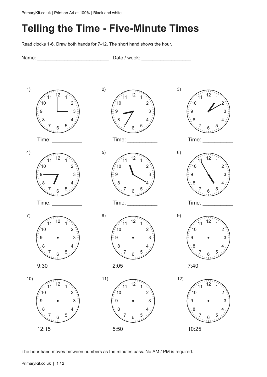 Detail from the first page of Telling the Time - Five-Minute Times