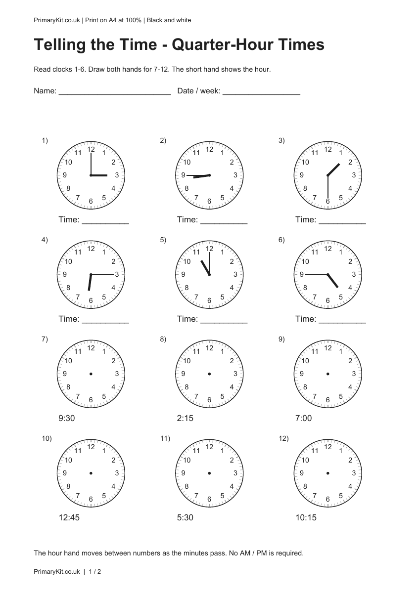 Detail from the first page of Telling the Time - Quarter-Hour Times