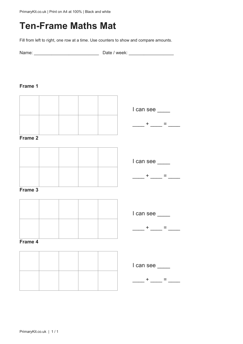 Detail from the first page of Ten-Frame Maths Mat