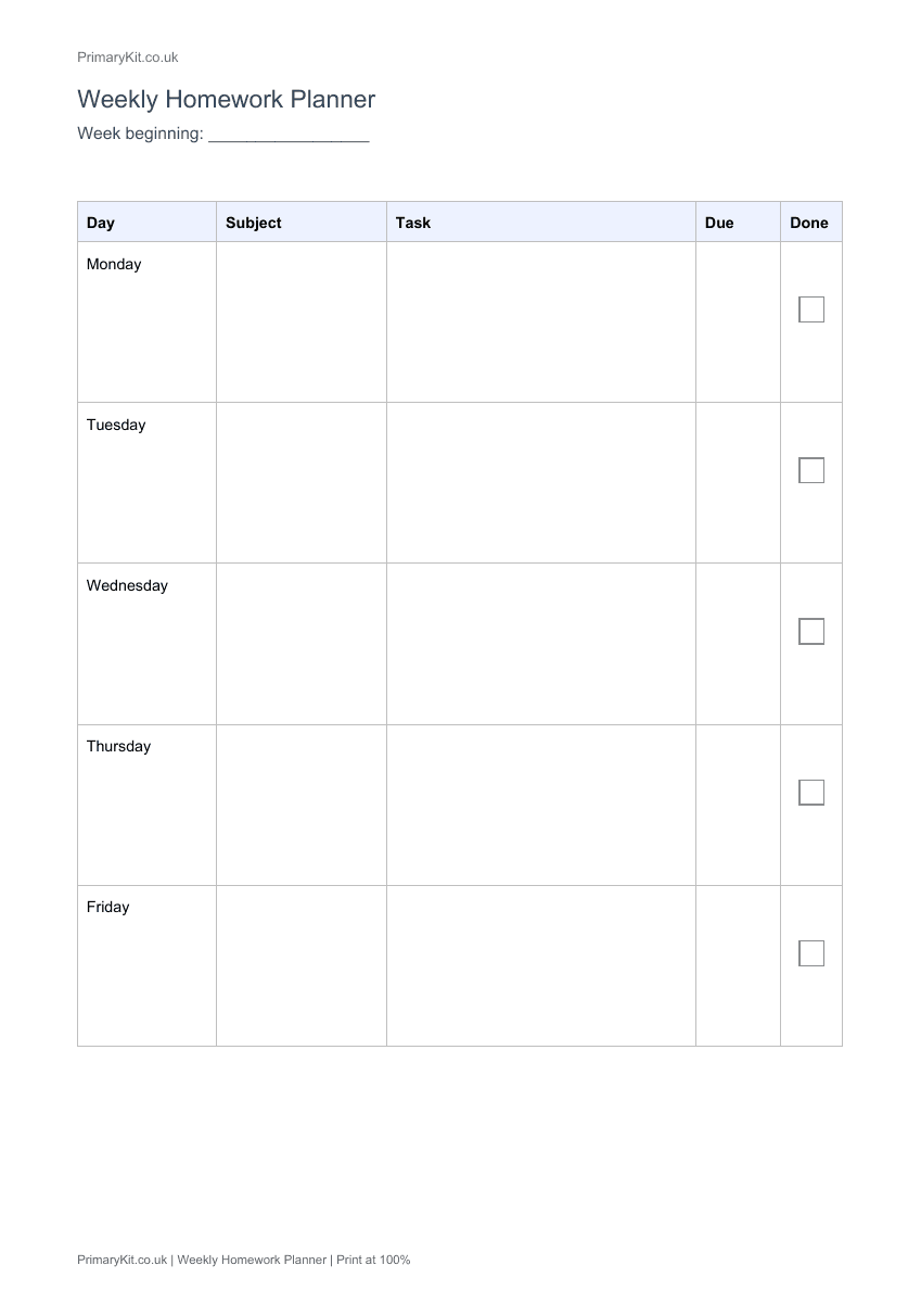 Detail from the first page of Weekly Homework Planner