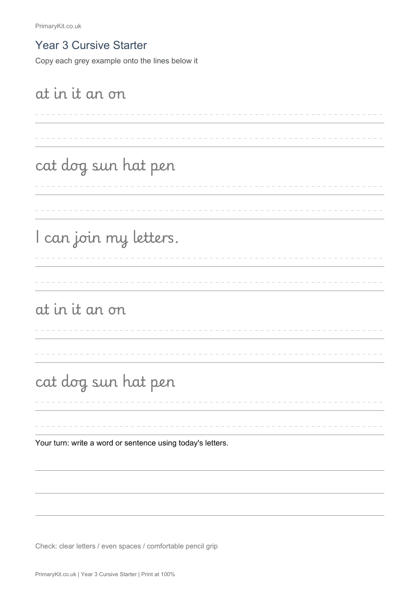 Actual PDF preview, page 1 of Year 3 Cursive Starter