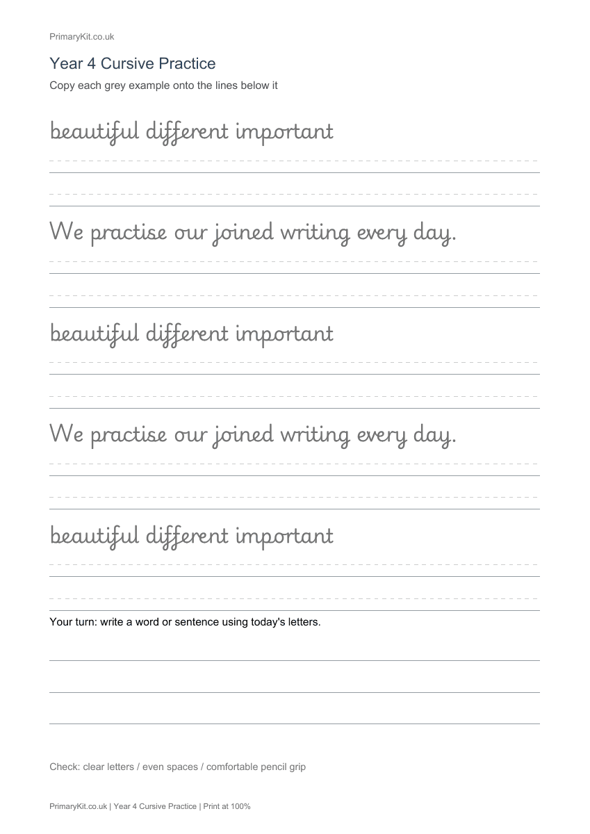 Detail from the first page of Year 4 Cursive Practice