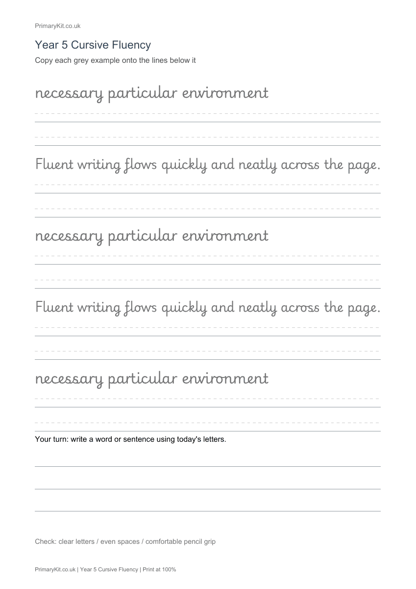 Actual PDF preview, page 1 of Year 5 Cursive Fluency