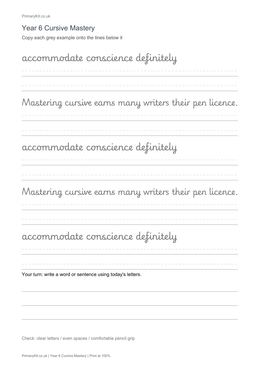 Detail from the first page of Year 6 Cursive Mastery
